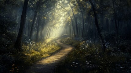 Naklejka premium Sunlight Path Through Misty Forest