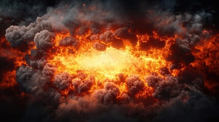 Fiery shockwave radiating outward, cinematic fire explosion, green screen