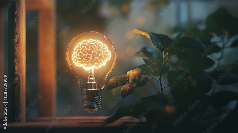 Poster illuminated light bulb with brain-shaped filament amidst green leaves, emphasizing creativity and in