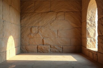 Sunlit Stone Chamber A Serene Architectural Interior with Textured Walls and Archway