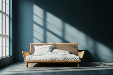 Cozy bedroom with rattan bed and natural window light