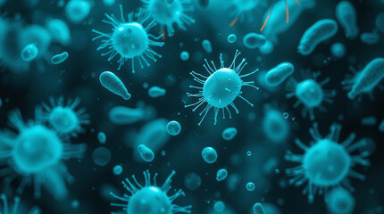 A moody style depiction of bacteria and microbes under a microscope, smooth glowing cells floating in liquid, realistic microbiology illustration, modern laboratory aesthetic, volumetric lighting.