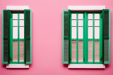 Window with wooden shutters on an pink old building facade