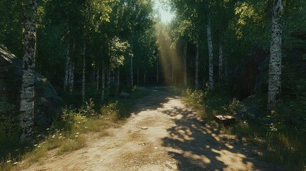 Fototapeta premium Sunlit path through a birch forest with rocks and shadows.