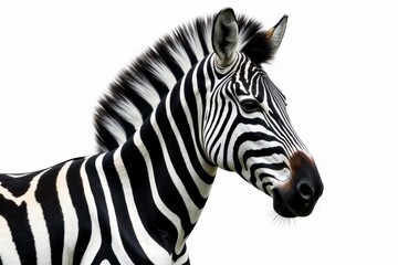 Fototapeta premium Striped Equine Portrait A Close-Up View of a Majestic Zebra's Head and Neck Against a Pure White Background, Showcasing Its Distinctive Coat Pattern and Expressive Features