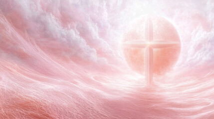Fototapeta premium A gentle Easter background with a large wooden cross emerging from pastel mist, tinted in purples and blues, with a light golden glow, symbolizing hope and resurrection.