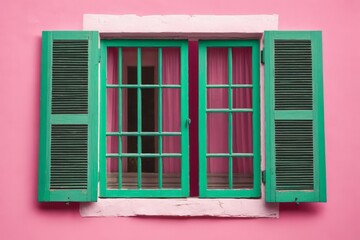 Fototapeta premium Window with wooden shutters on an pink old building facade