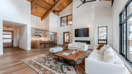 Cozy and inviting farmhouse inspired living room featuring natural wood ceiling beams patterned area rug and a blend of industrial and traditional design elements