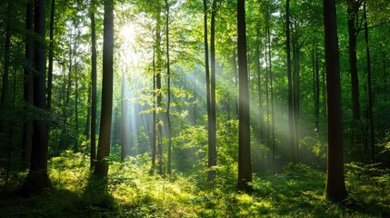 Fototapeta premium Sunlight Filters Through Lush Green Forest Trees in Tranquil Scene