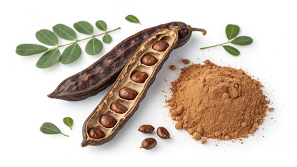 Obraz premium Natural carob pods, nutrient-rich seeds, and aromatic powder presented as a healthy cacao alternative