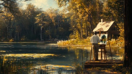 Artist painting by a serene lake in autumn forest. Possible use Stock photo for art, nature, leisure, and calm themes