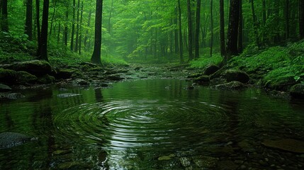 Fototapeta premium Serene forest stream with ripple effect.