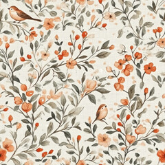 Birds perching among peach flowers and berries in a field of leaves on a textured white background
