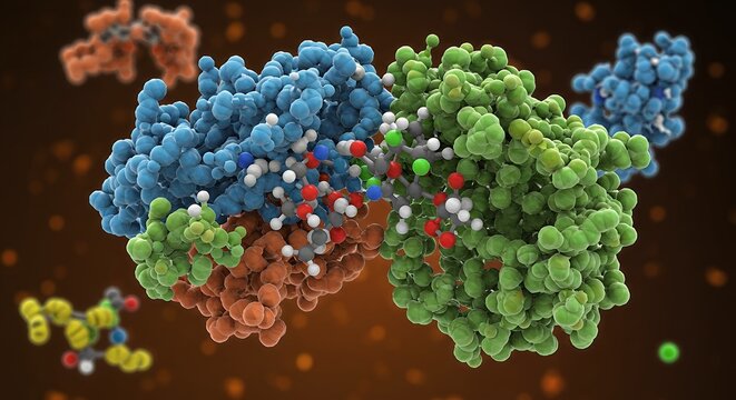 Molecular visualization depicts a complex protein structure with ligands