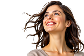 Smiling woman profile portrait isolated on transparent background. Cheerful, optimistic, beauty, happy, radiant. Use for positive, lifestyle, fashion, health themes.