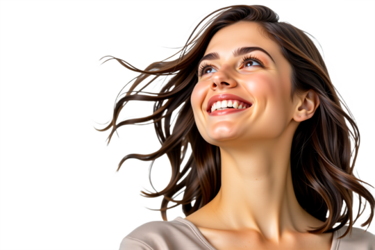 Smiling woman profile portrait isolated on transparent background. Cheerful, optimistic, beauty, happy, radiant.  Use for positive, lifestyle, fashion, health themes.