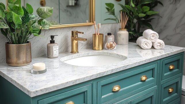 Bright bathroom interior with stylish counter, toiletries and decor for home use