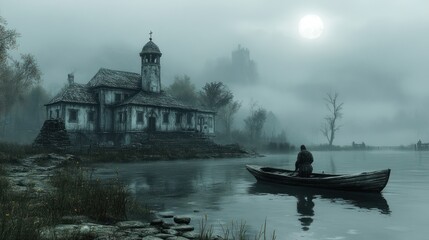 Fototapeta premium Foggy lake scene with old church, lone boatman, and distant castle.