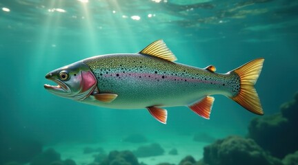 Naklejka premium A vibrant rainbow trout gracefully swims in crystal-clear aquatic depths, sunlight filtering through the water's surface, illuminating its scales