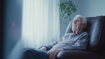 Dementia symptoms in an elderly person with a blank expression while watching TV. Featuring confusion and cognitive impairment