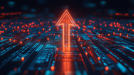 Fototapeta premium Orange Glowing Arrow Pointing Upward Above Blue Circuit Board Lines Technology Concept