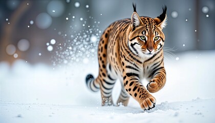 Obraz premium A lynx runs gracefully through a beautiful winter wonderland