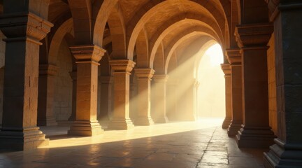 Fototapeta premium Sunlit Colonnade An Architectural Masterpiece of Stone Arches and Pillars, Bathed in Golden Light