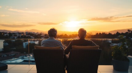 Senior living couple watching a sunset together on their balcony. Featuring love and tranquility