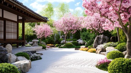 Obraz premium Tranquil Japanese Garden with Cherry Blossoms in Springtime