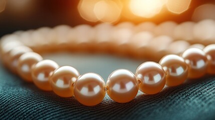Close-up of a lustrous pearl necklace on dark fabric with bokeh background.