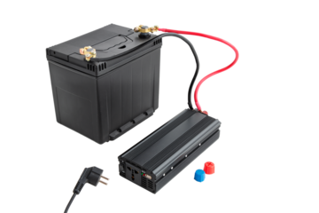 Power inverter connected to AGM battery, 12V DC to 220V AC converter, with copy space, cut out.