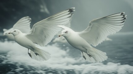 Obraz premium Two white seagulls in flight over churning water.