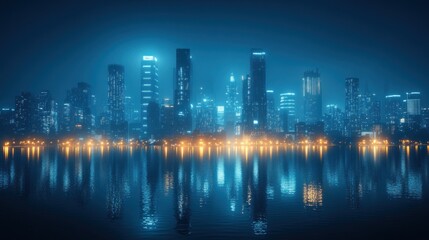 Fototapeta premium Night cityscape reflected in calm water, showcasing illuminated skyscrapers and city lights.