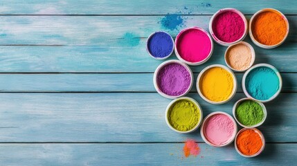 Colorful Powder Pigments in Small Bowls on Wooden Background