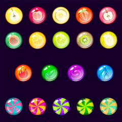 Color bubbles or balls for shooting or mach3 game, fruits balls, candy balls. Vector Glossy circle buttons