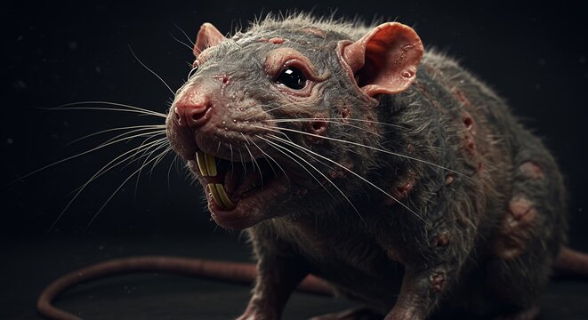 An ominous close up of a diseased brown rat