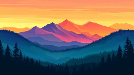 Colorful mountain range at sunset, vibrant landscape, peaceful scene, suitable for nature wallpaper