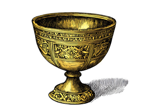 Ornate Golden Chalice Isolated On White Background Detailed Woodcut Style Illustration Of Antique Engraved Vessel