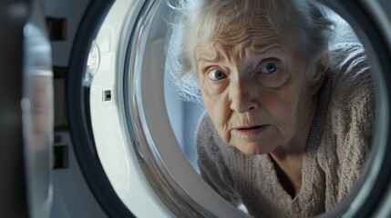 Dementia symptoms in an elderly woman forgetting how to use basic household appliances. Featuring confusion and frustration