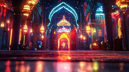 Fototapeta premium Majestic Illuminated Mosque Interior with Vibrant Colors and Intricate Islamic Architecture