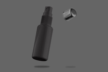 Black minimalistic sanitizer spray bottle mockup isolated on a dark background. realistic mockup. 3d rendering.