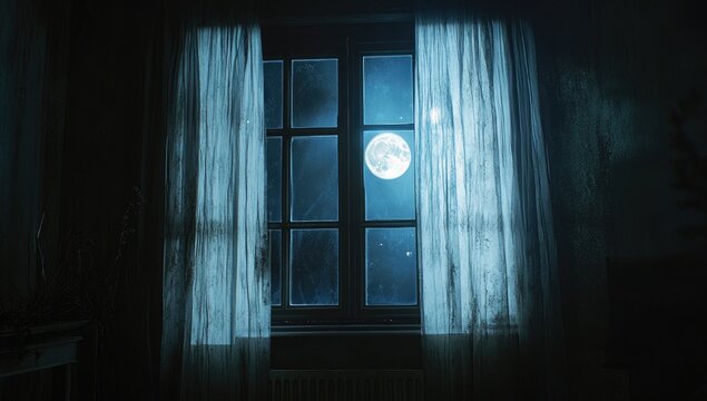 A window with curtains drawn, the moon shining through, creating an eerie and mysterious atmosphere.
