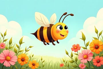 Cheerful cartoon bee flying over colorful flowers in sunny field