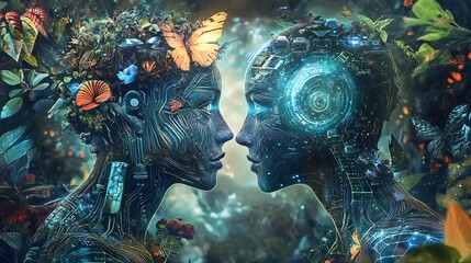 Futuristic representation of Adam and Eve exploring themes of artificial intelligence and bioengineering
