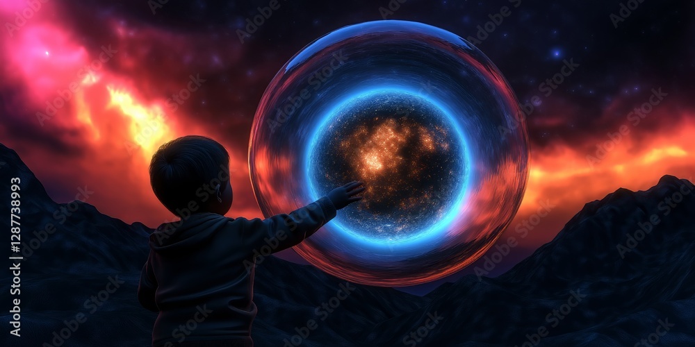 Wall mural conceptual poster-style image of a child touching a giant transparent bubble, inside of which is a m