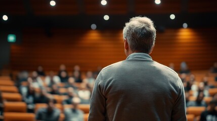 Fototapeta premium Camera Facing Class: College Professor Gives a Lecture to a Classroom Full of Multi Ethnic Students. Talented Speaker Captures Audience Attention.