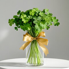 St. Patrick's Day clover bouquet tied with a gold ribbon, displayed in a glass vase on a simple white table.