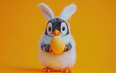 Tiny penguin dressed as a bunny holding an egg on a neon orange-yellow background Easter