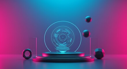 Cyberpunk sci-fi product podium showcase in empty room with blue and pink background. Technology and entertainment object concept.