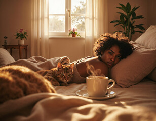 A young woman in the morning sees the coffee cup